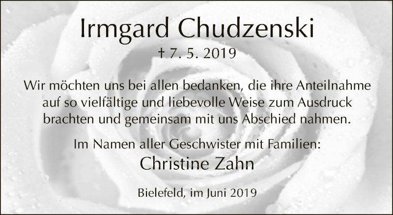  Traueranzeige für Irmgard Chudzenski vom 08.06.2019 aus Neue Westfälische