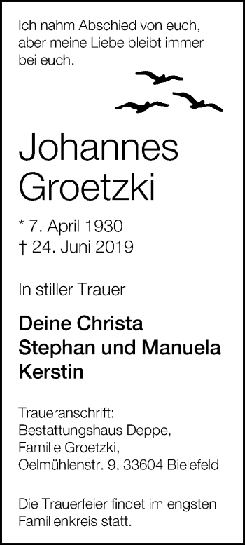 Traueranzeige von Johannes Groetzki von Neue Westfälische
