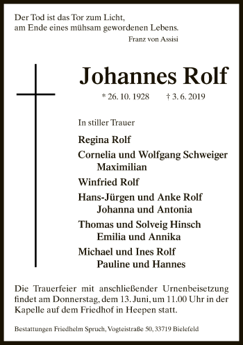 Traueranzeige von Johannes Rolf von Neue Westfälische