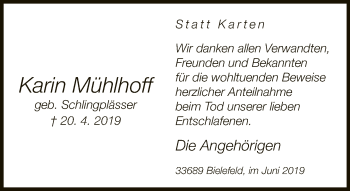 Traueranzeige von Karin Mühlhoff von Neue Westfälische
