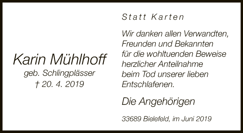  Traueranzeige für Karin Mühlhoff vom 01.06.2019 aus Neue Westfälische