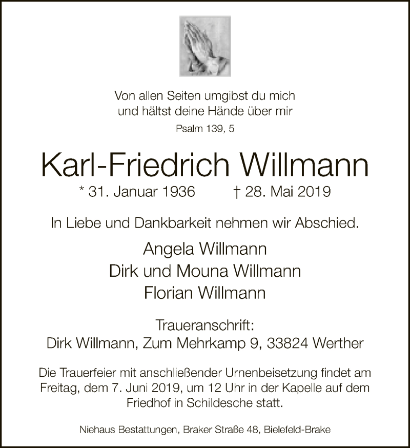  Traueranzeige für Karl-Friedrich Willmann vom 01.06.2019 aus Neue Westfälische