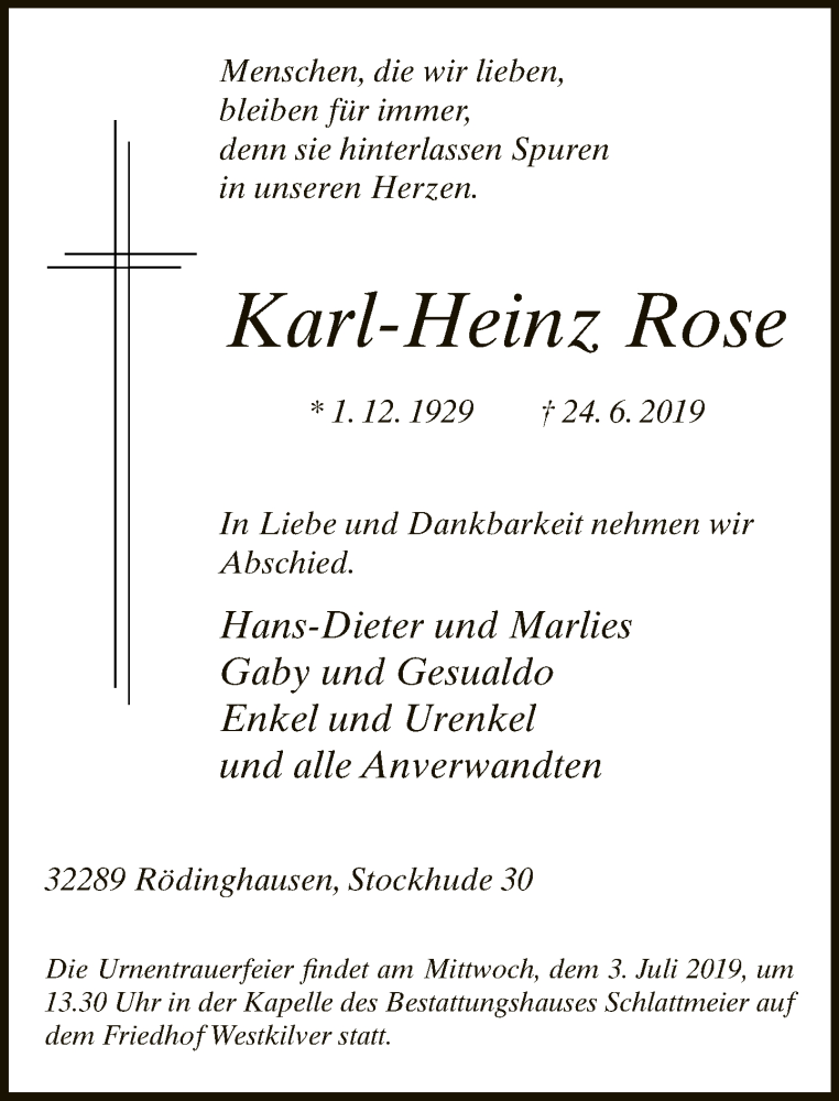 Traueranzeige für Karl-Heinz Rose vom 29.06.2019 aus Neue Westfälische