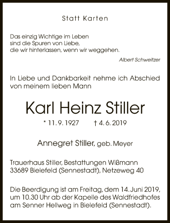 Traueranzeige von Karl Heinz Stiller von Neue Westfälische