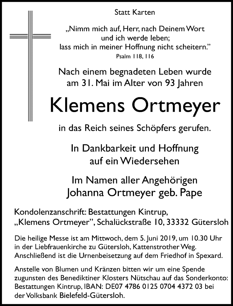  Traueranzeige für Klemens Ortmeyer vom 03.06.2019 aus Neue Westfälische
