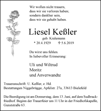 Traueranzeige von Liesel Keßler von Neue Westfälische