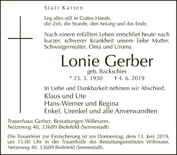 Traueranzeige von Lonie Gerber von Neue Westfälische