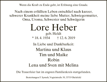 Traueranzeige von Lore Heber von Neue Westfälische