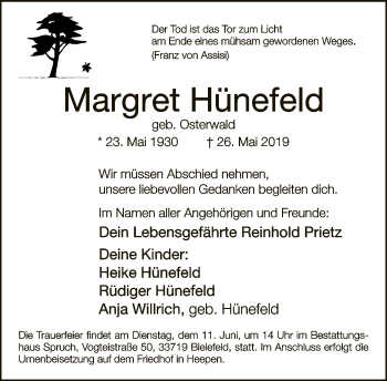 Traueranzeige von Margret Hünefeld von Neue Westfälische