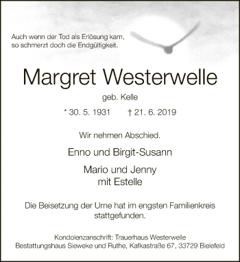 Traueranzeige von Margret Westerwelle von Neue Westfälische