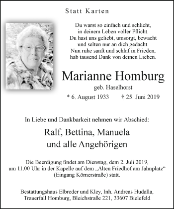 Traueranzeige von Marianne Homburg von Neue Westfälische
