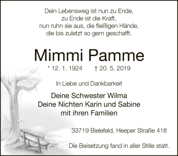 Traueranzeige von Mimmi Pamme von Neue Westfälische
