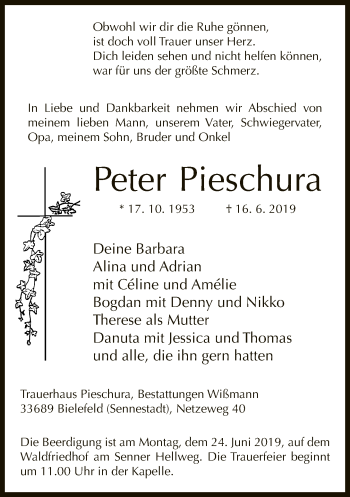 Traueranzeige von Peter Pieschura von Neue Westfälische
