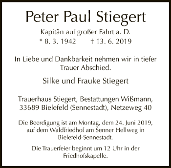 Traueranzeige von Peter Paul Stiegert von Neue Westfälische