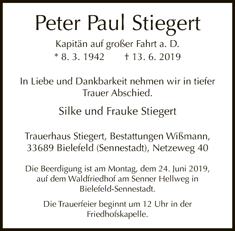  Traueranzeige für Peter Paul Stiegert vom 20.06.2019 aus Neue Westfälische
