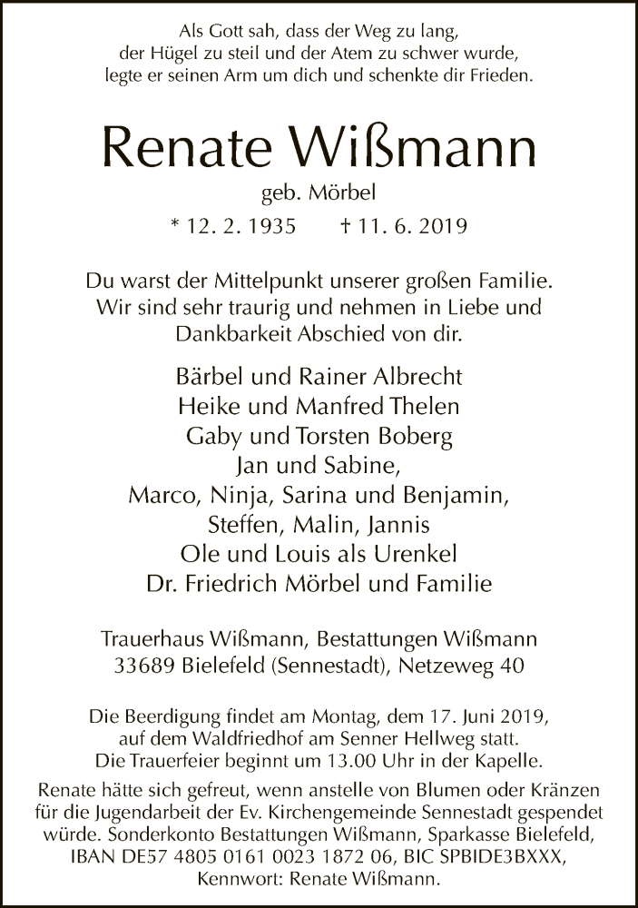  Traueranzeige für Renate Wißmann vom 15.06.2019 aus Neue Westfälische