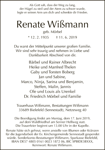 Traueranzeige von Renate Wißmann von Neue Westfälische