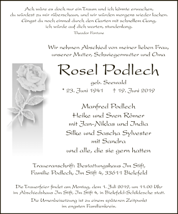 Traueranzeige von Rosel Podlech von Neue Westfälische