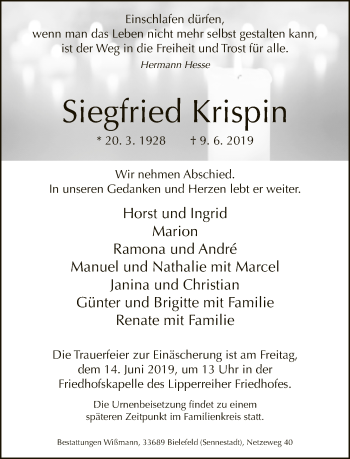 Traueranzeige von Siegfried Krispin von Neue Westfälische