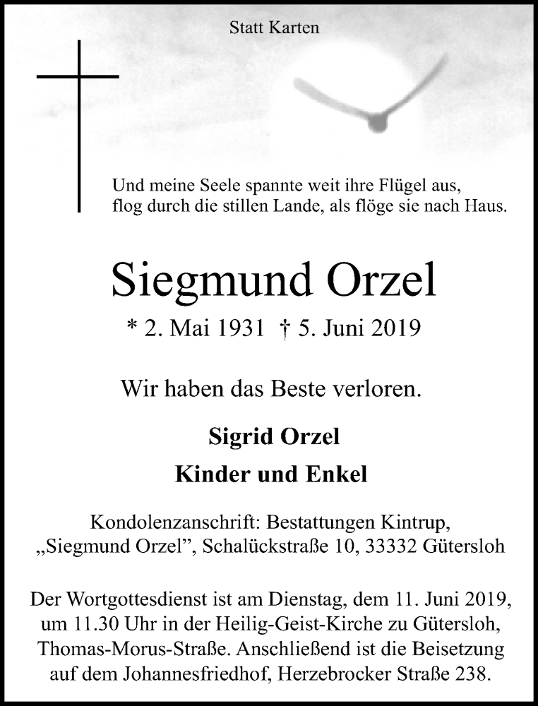  Traueranzeige für Siegmund Orzel vom 07.06.2019 aus Neue Westfälische