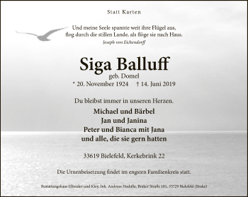 Traueranzeige von Siga Balluff von Neue Westfälische