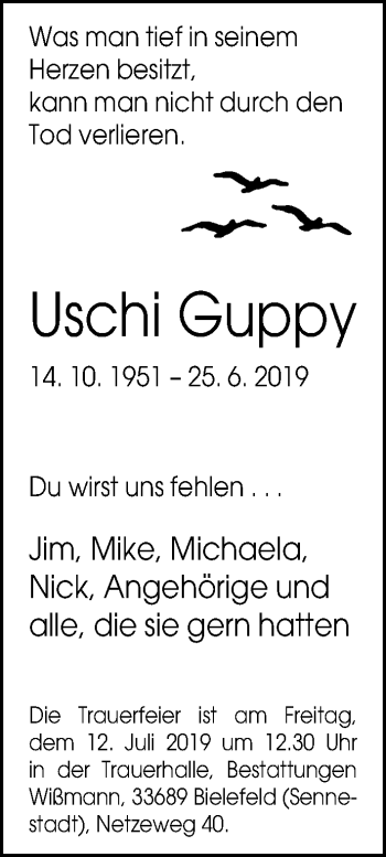 Traueranzeige von Uschi Guppy von Neue Westfälische