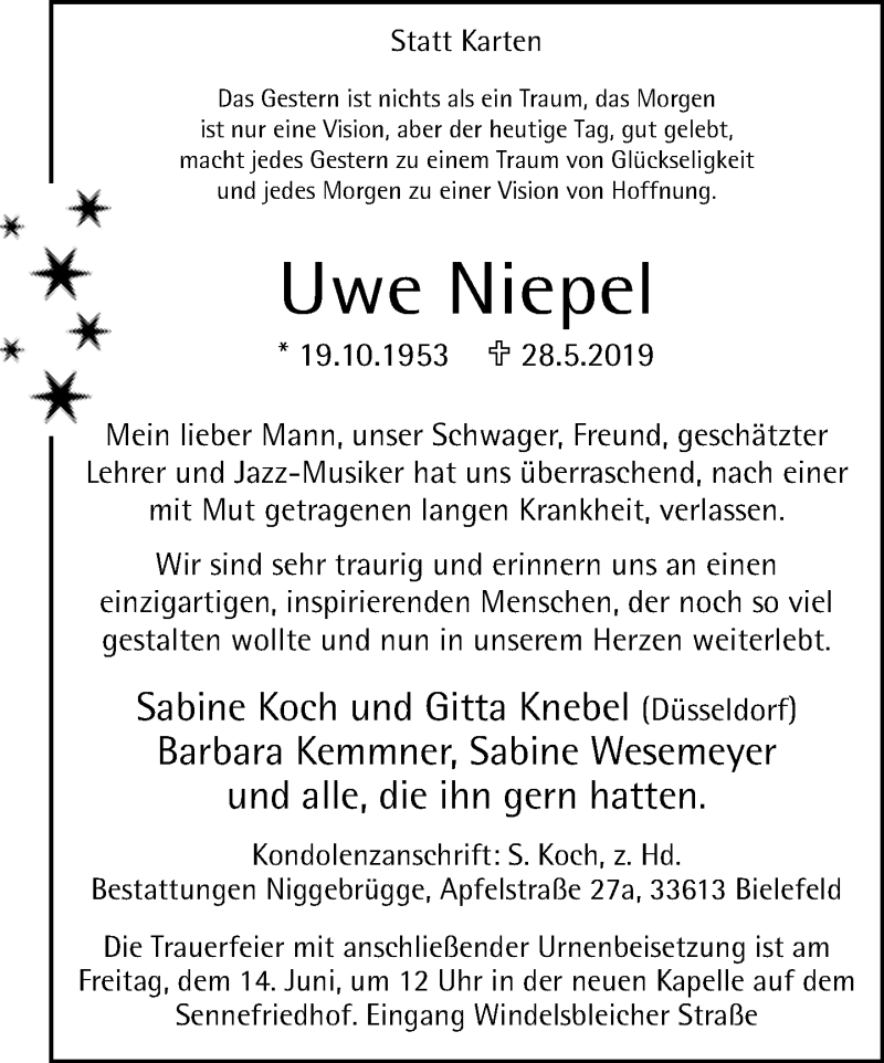  Traueranzeige für Uwe Niepel vom 01.06.2019 aus Neue Westfälische