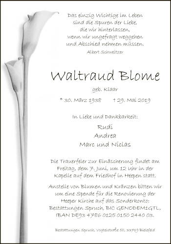 Traueranzeige von Waltraud Blome von Neue Westfälische