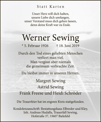 Traueranzeige von Werner Sewing von Neue Westfälische