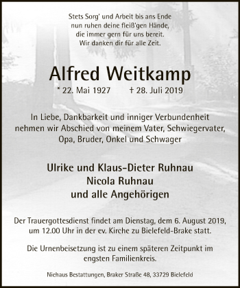 Traueranzeige von Alfred Weitkamp von Neue Westfälische