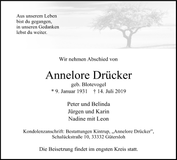 Traueranzeige von Annelore Drücker von Neue Westfälische