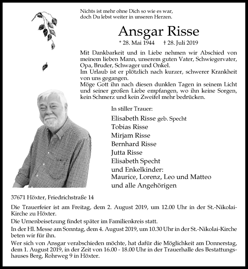  Traueranzeige für Ansgar Risse vom 31.07.2019 aus Neue Westfälische