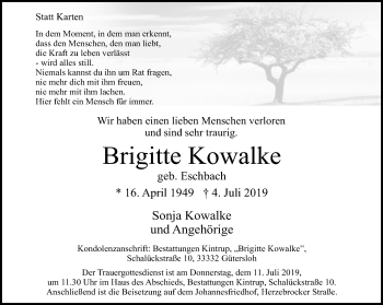 Traueranzeige von Brigitte Kowalke von Neue Westfälische