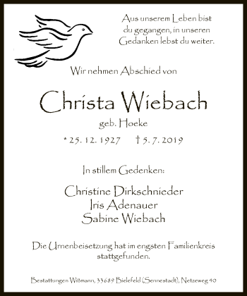 Traueranzeige von Christa Wieback von Neue Westfälische