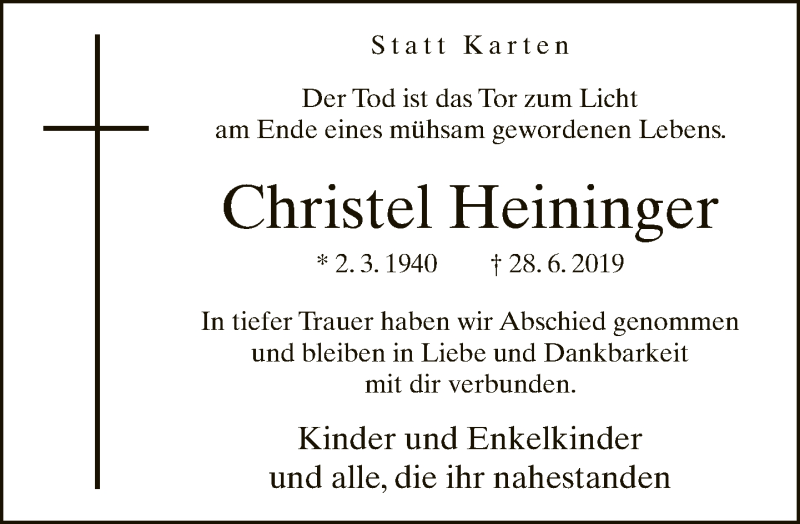  Traueranzeige für Christel Heininger vom 13.07.2019 aus Neue Westfälische