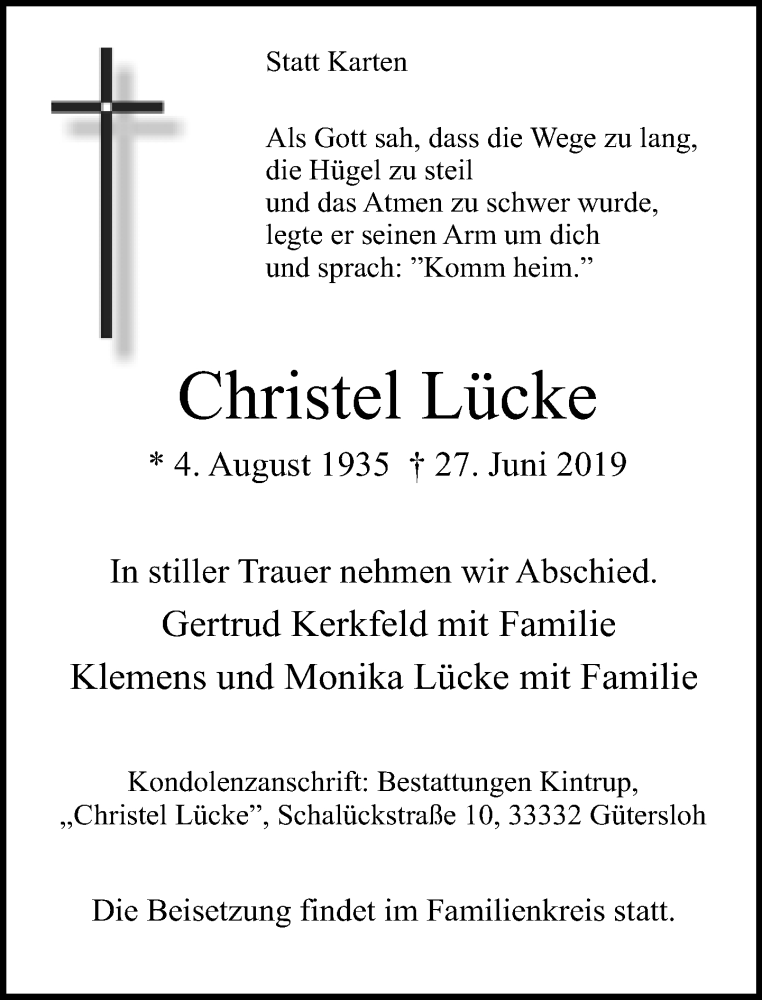  Traueranzeige für Christel Lücke vom 01.07.2019 aus Neue Westfälische
