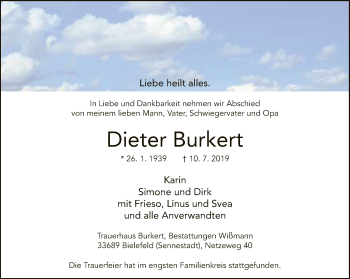 Traueranzeige von Dieter Burkert von Neue Westfälische