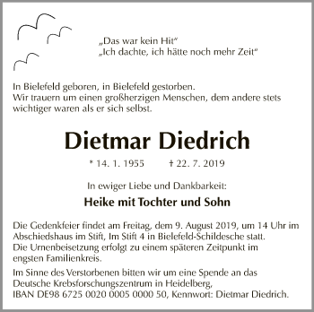 Traueranzeige von Dietmar Diedrich von Neue Westfälische