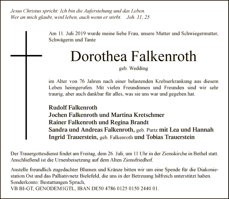  Traueranzeige für Dorothea Falkenroth vom 17.07.2019 aus Neue Westfälische