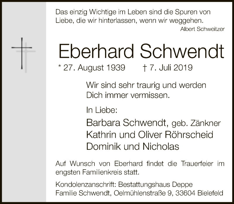  Traueranzeige für Eberhard Schwendt vom 11.07.2019 aus Neue Westfälische