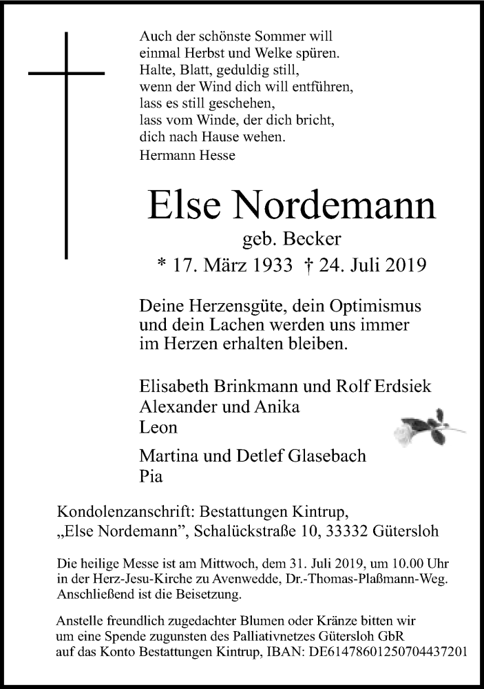  Traueranzeige für Else Nordemann vom 27.07.2019 aus Neue Westfälische