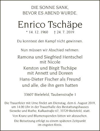 Traueranzeige von Enrico Tschäpe von Neue Westfälische