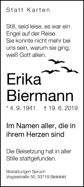 Traueranzeige von Erika Biermann von Neue Westfälische