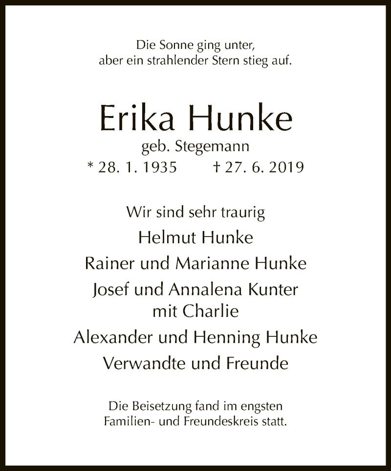 Traueranzeige für Erika Hunke vom 09.07.2019 aus Neue Westfälische