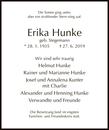 Traueranzeige von Erika Hunke von Neue Westfälische