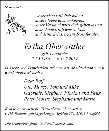 Traueranzeige von Erika Oberwittler von Neue Westfälische
