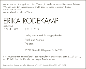 Traueranzeige von Erika Rodekamp von Neue Westfälische