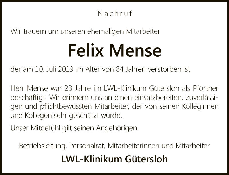  Traueranzeige für Felix Mense vom 25.07.2019 aus Neue Westfälische