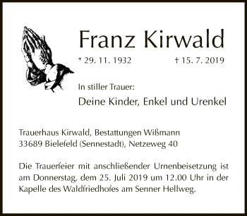 Traueranzeige von Franz Kirwald von Neue Westfälische