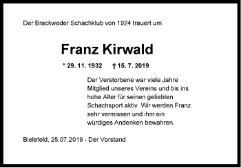 Traueranzeige von Franz Kirwald von Neue Westfälische